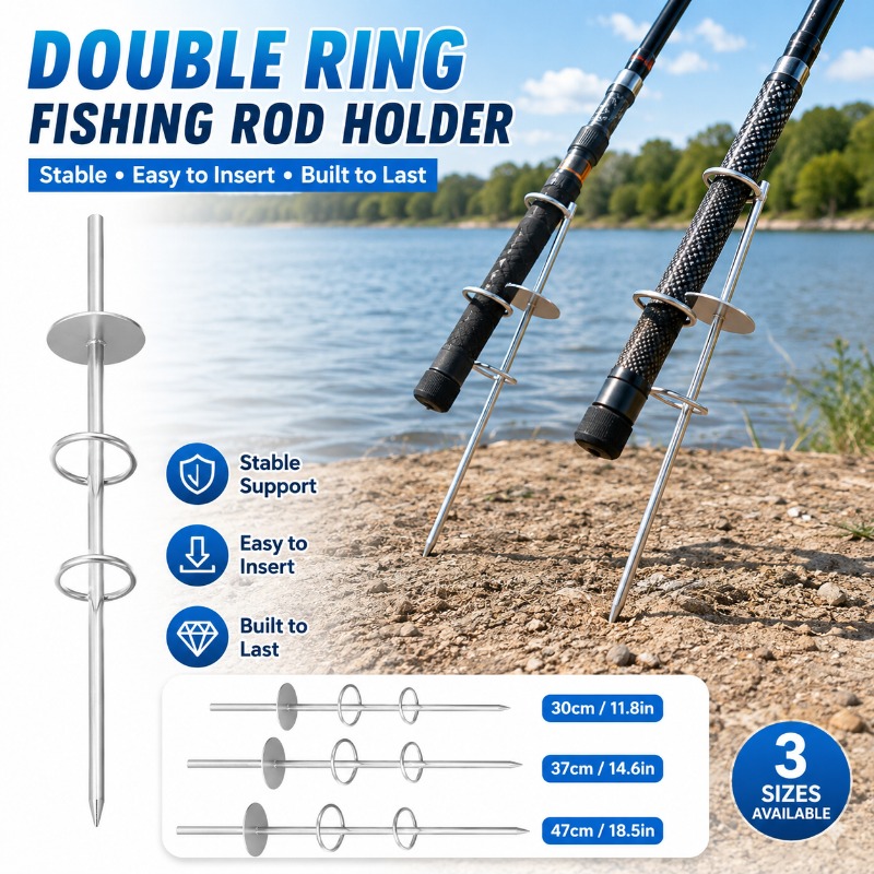 Fishing Rod Rack - ขาตั้งคันเบ็ดตกปลาแบบสองห่วงพร้อมหมุดยึดพื้น, ขาตั้งคันเบ็ดตกปลาชายฝั่งแบบโลหะแข็งแรงสำหรับตกปลาชายทะเลและตกปลาบนชายฝั่งกลางแจ้ง