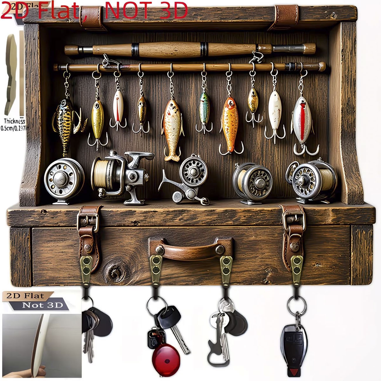 Fishing Rod Combo - ที่แขวนกุญแจรูปเหยื่อตกปลาแบบวินเทจ ลายพิมพ์แบน 2 มิติ รูปคันเบ็ดและรอกตกปลา ที่แขวนกุญแจติดผนังสำหรับนักตกปลา